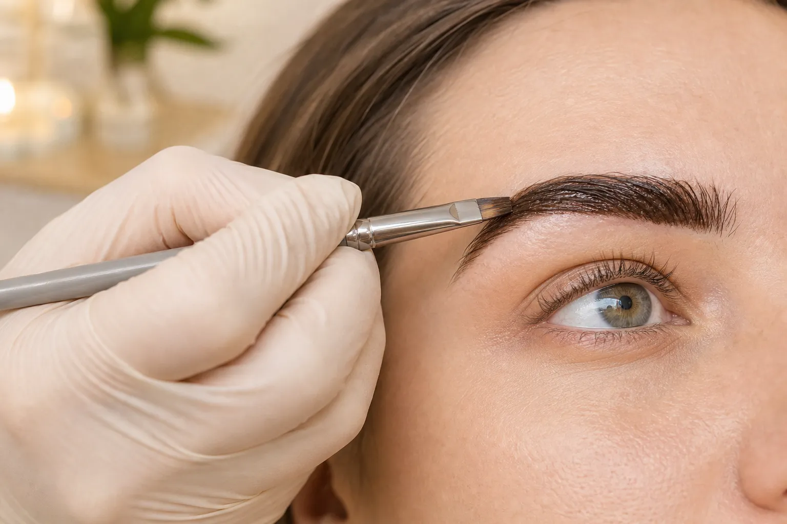 Professional eyebrow tint application in progress